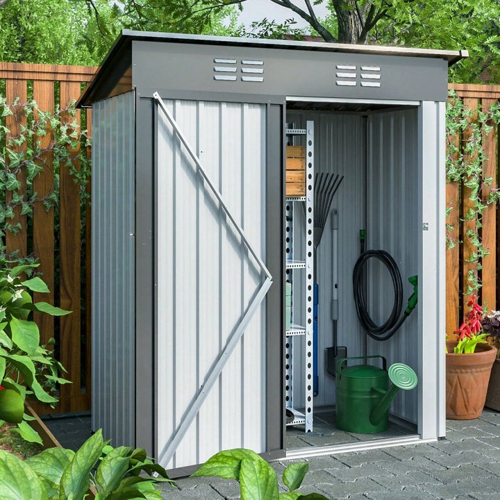 Compact 5x3ft Galvanized Metal Outdoor Storage Shed with Lockable Doors for Tools Bikes Trash Cans and More Image 2