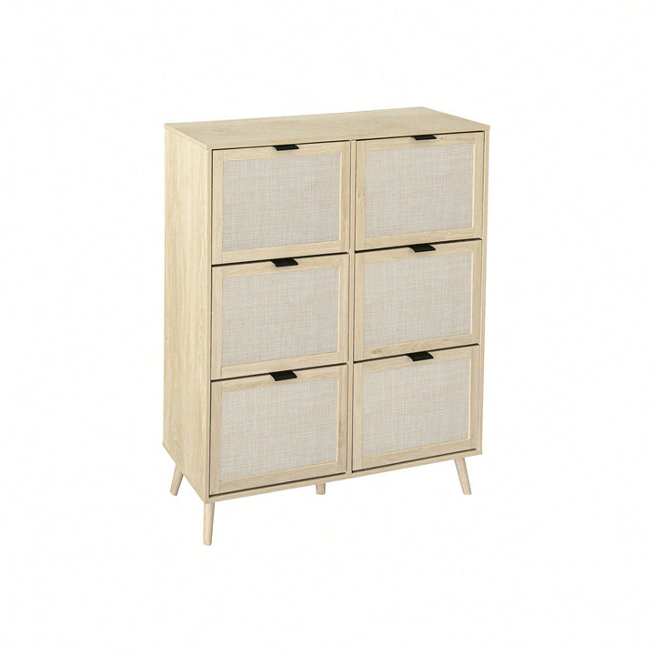 Contemporary 6-Door Rattan Shoe Rack - Freestanding Modern Storage Cabinet For Entryway Organization Image 5