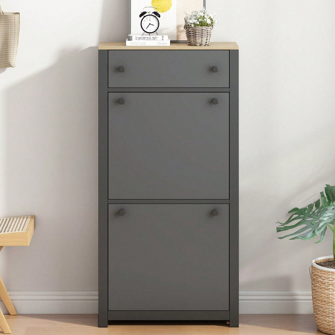 Contemporary Grey Wood Grain Shoe Cabinet with Adjustable Panels and Extra Drawer for Hallway Storage Image 1