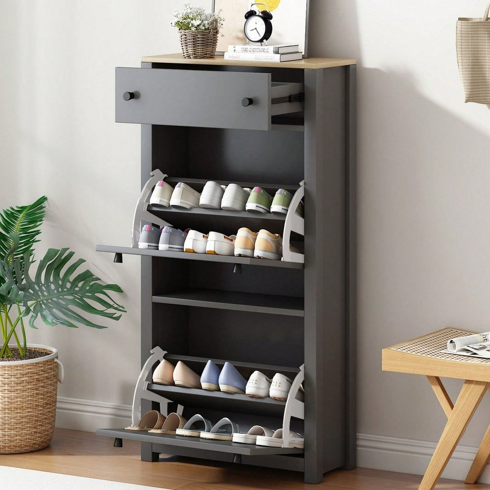 Contemporary Grey Wood Grain Shoe Cabinet with Adjustable Panels and Extra Drawer for Hallway Storage Image 2