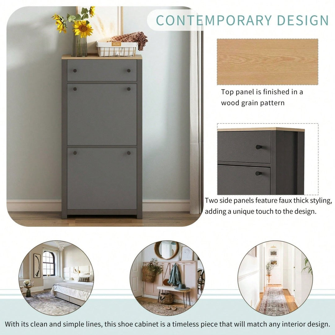 Contemporary Grey Wood Grain Shoe Cabinet with Adjustable Panels and Extra Drawer for Hallway Storage Image 5