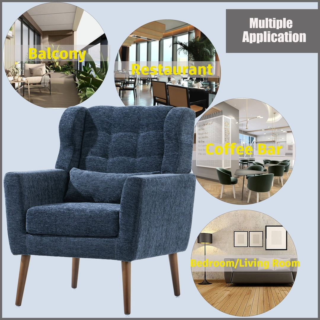 Dark Blue Chenille Accent Chair for Small Spaces Upholstered Modern Armchair with Pillow and Solid Wood Legs Image 4