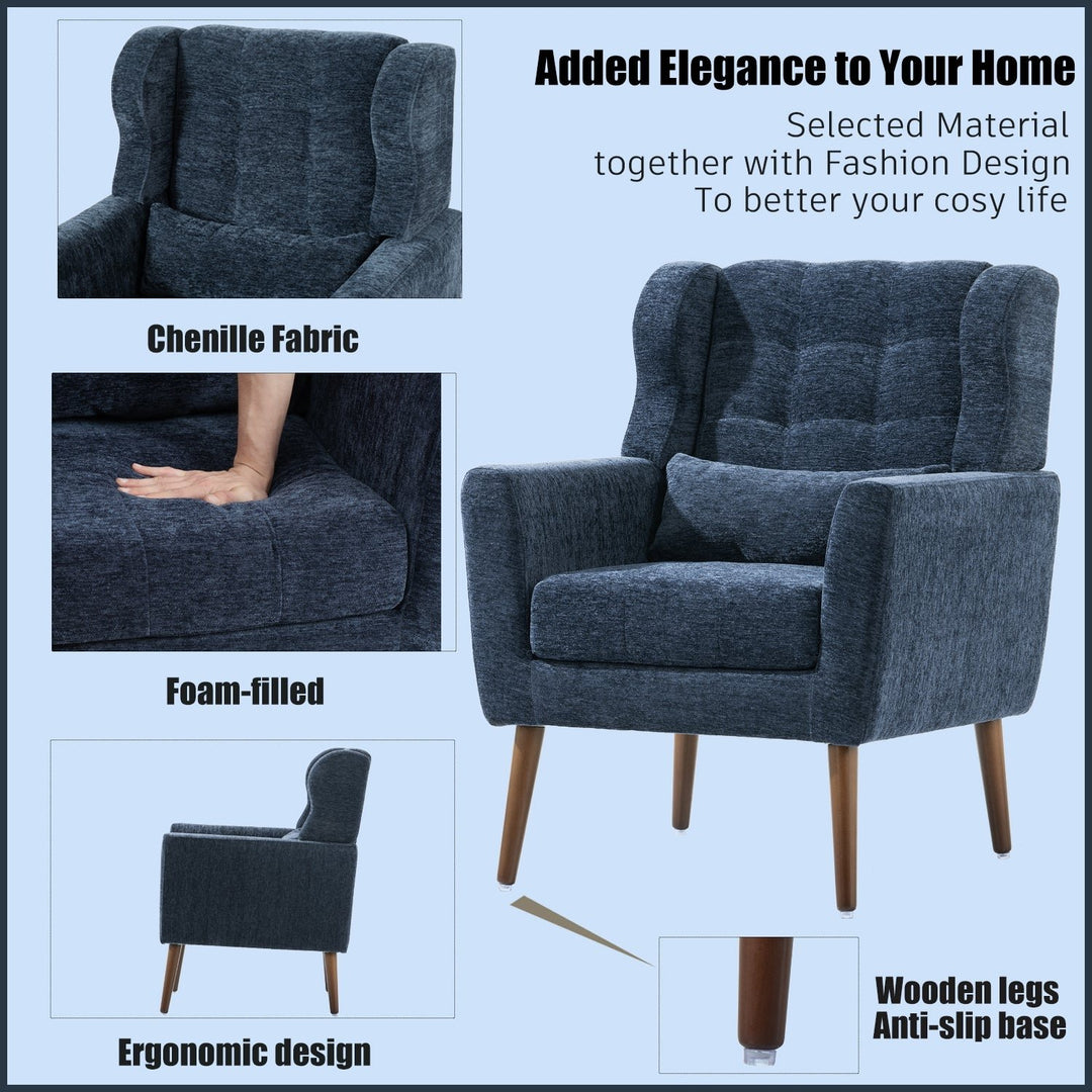 Dark Blue Chenille Accent Chair for Small Spaces Upholstered Modern Armchair with Pillow and Solid Wood Legs Image 5