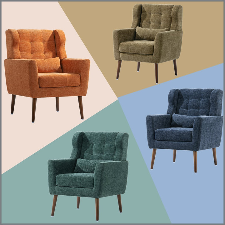 Dark Blue Chenille Accent Chair for Small Spaces Upholstered Modern Armchair with Pillow and Solid Wood Legs Image 6