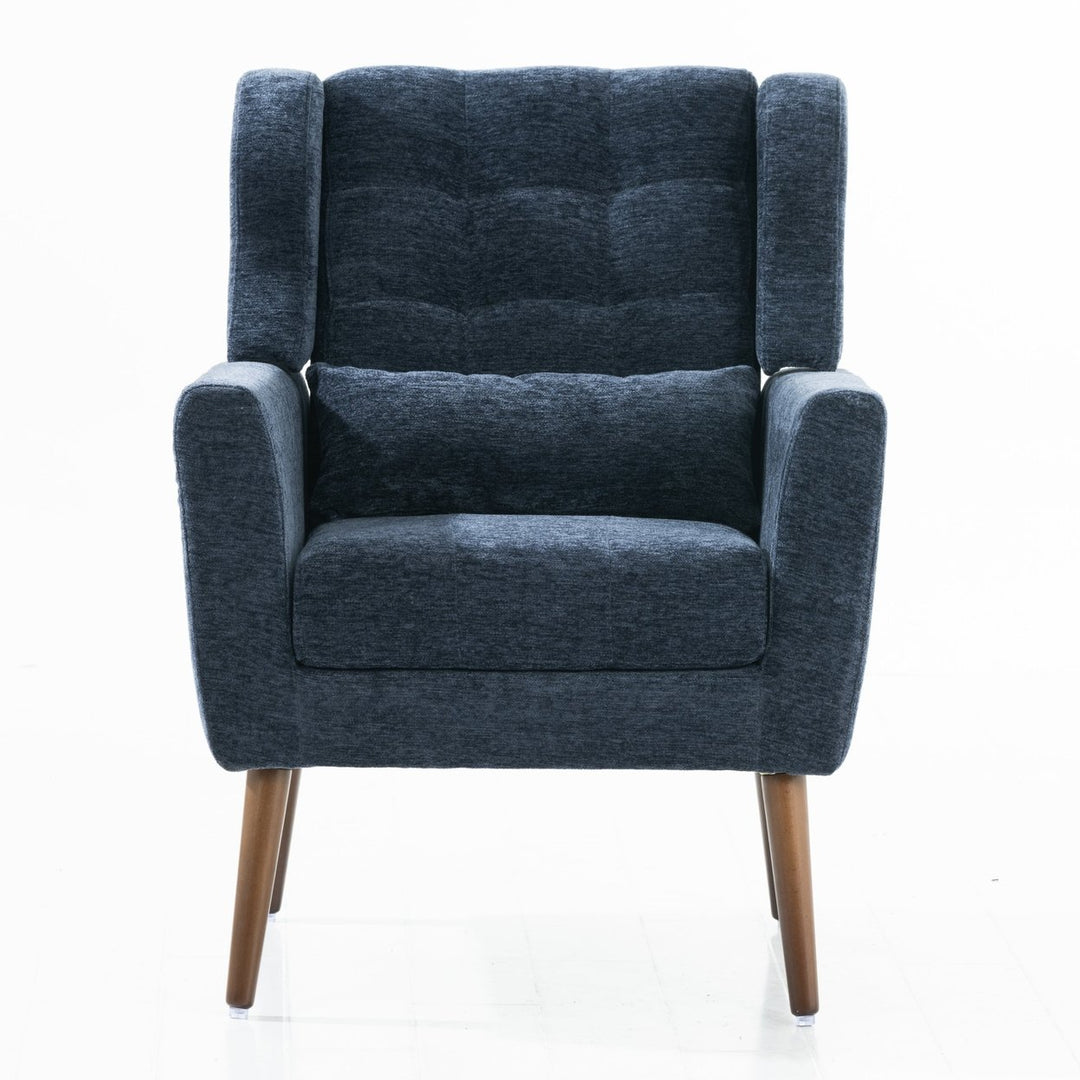 Dark Blue Chenille Accent Chair for Small Spaces Upholstered Modern Armchair with Pillow and Solid Wood Legs Image 8