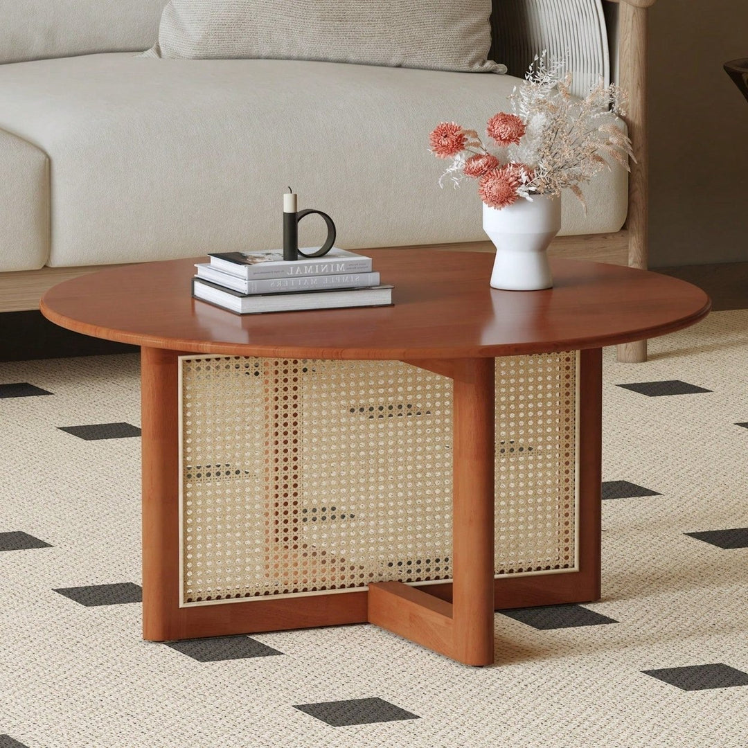 Deep Red Rattan Coffee Table with Storage for Living Room - Rustic Modern Image 2