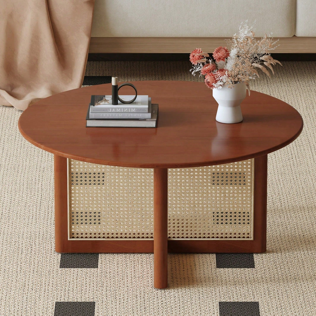 Deep Red Rattan Coffee Table with Storage for Living Room - Rustic Modern Image 3