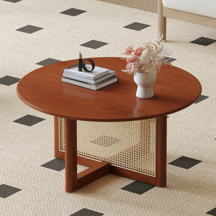 Deep Red Rattan Coffee Table with Storage for Living Room - Rustic Modern Image 4