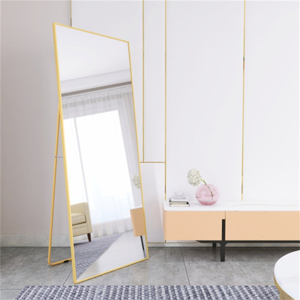 Elegant Wall-Mounted Full Length Mirror with Alloy Frame, Golden Finish - Space-Saving Decorative Accent for Home or Image 2