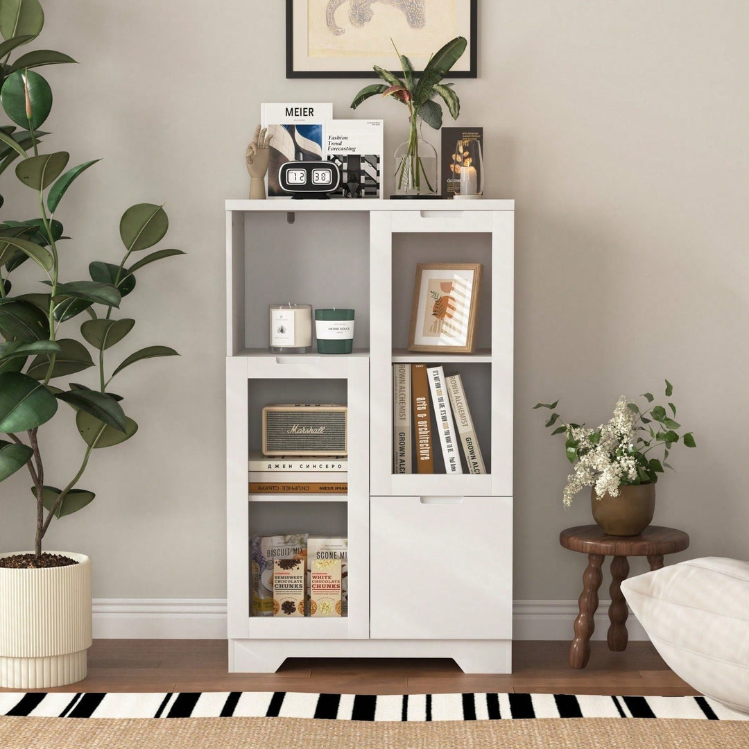 Elegant White Modern Farmhouse Storage Cabinet with Glass Doors and Adjustable Shelves for Living Room Bedroom Entryway Image 1