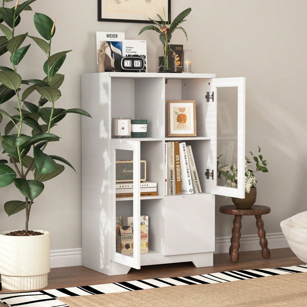 Elegant White Modern Farmhouse Storage Cabinet with Glass Doors and Adjustable Shelves for Living Room Bedroom Entryway Image 2