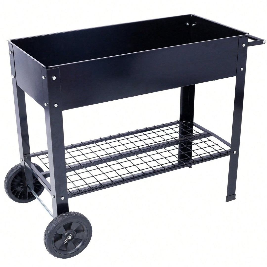 Elevated Ergonomic Metal Planter Bed on Wheels with Storage Shelf for Easy Mobility and Efficient Drainage Image 3