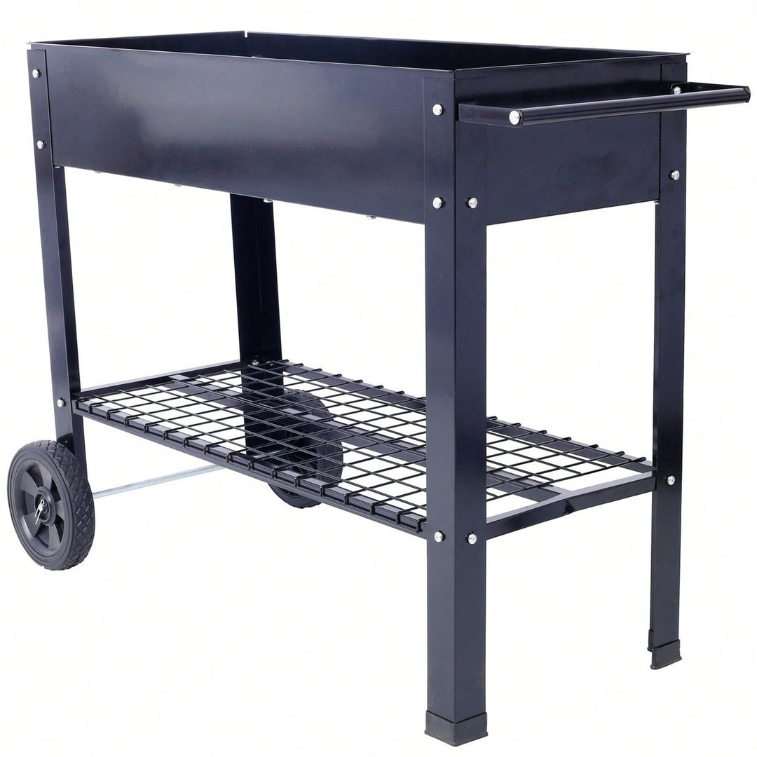 Elevated Ergonomic Metal Planter Bed on Wheels with Storage Shelf for Easy Mobility and Efficient Drainage Image 7