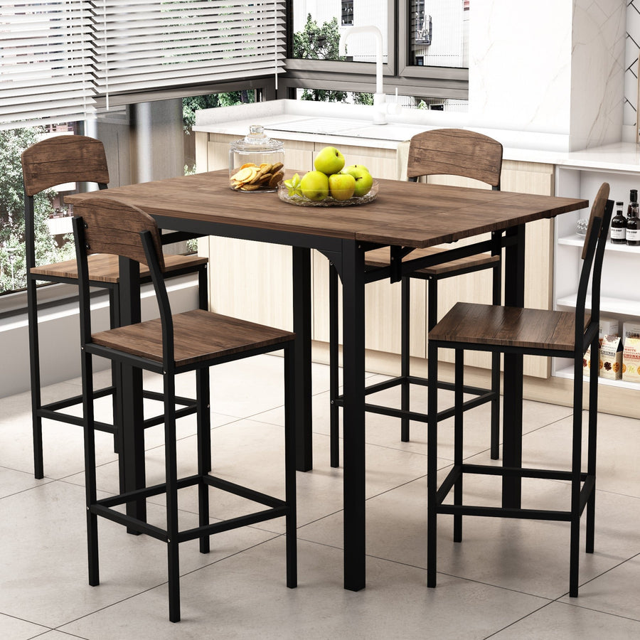 Farmhouse 5-Piece Counter Height Drop Leaf Dining Table Set with 4 Chairs, Black Frame and Brown Top, Perfect for Image 1