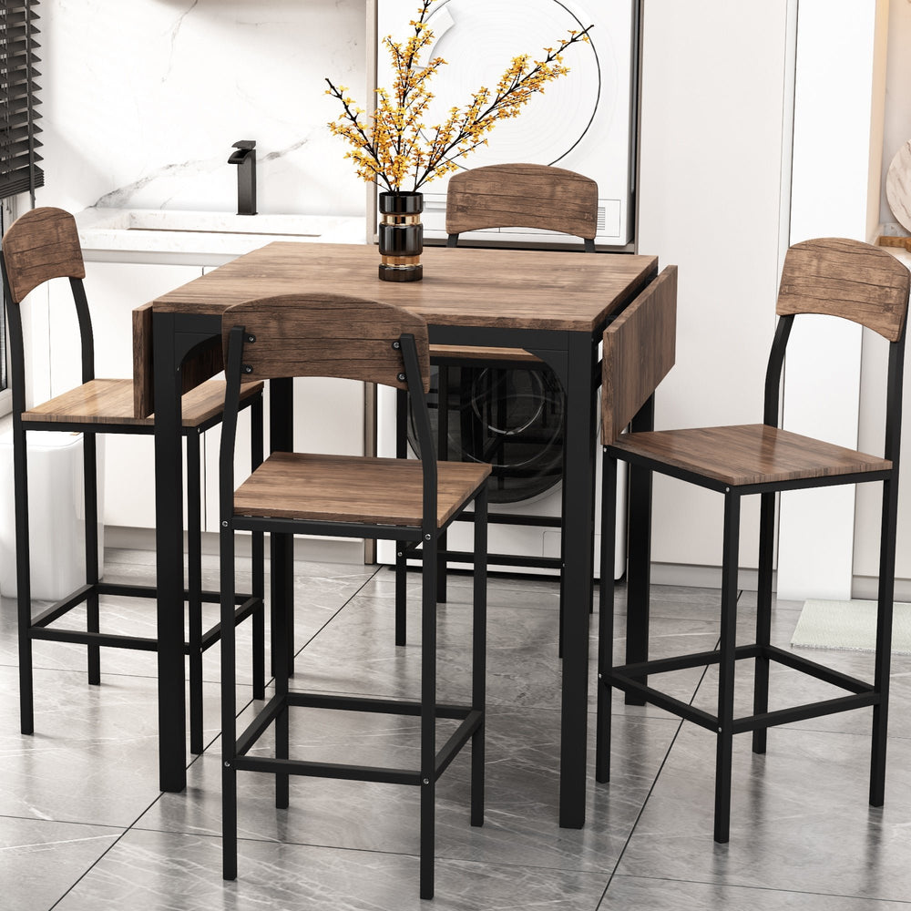 Farmhouse 5-Piece Counter Height Drop Leaf Dining Table Set with 4 Chairs, Black Frame and Brown Top, Perfect for Image 2