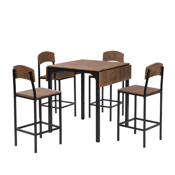 Farmhouse 5-Piece Counter Height Drop Leaf Dining Table Set with 4 Chairs, Black Frame and Brown Top, Perfect for Image 3