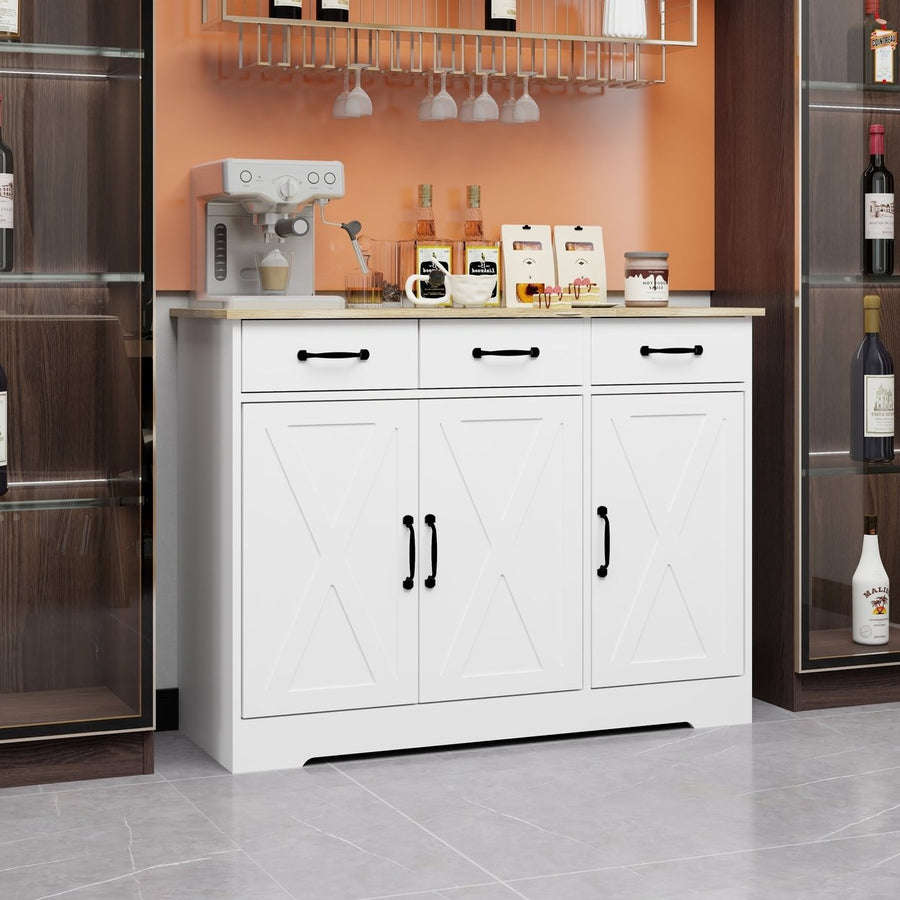 Farmhouse Buffet Cabinet Storage Sideboard with 3 Drawers and 3 Doors for Dining Living Room Kitchen Cupboard-White Image 1