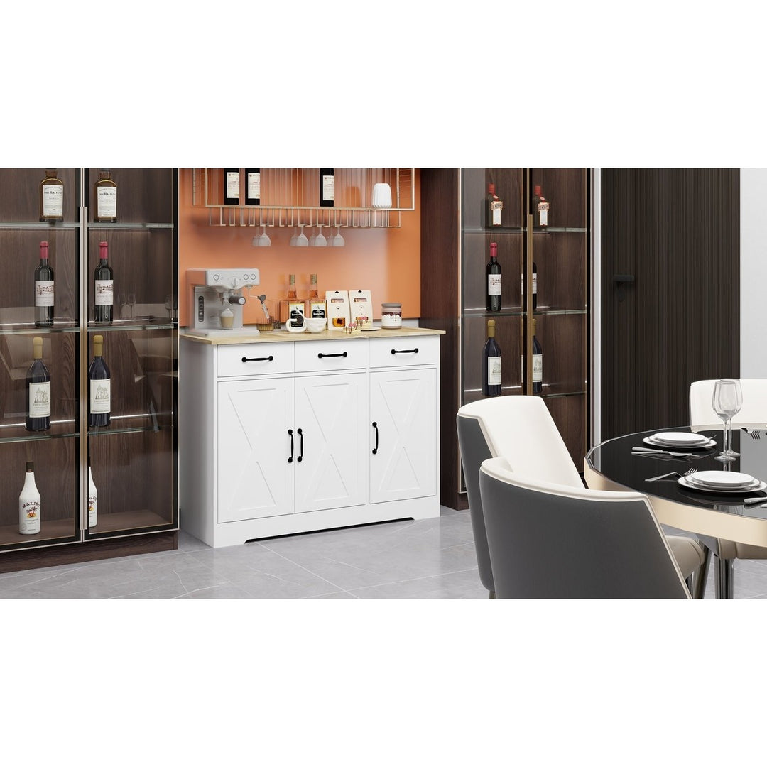 Farmhouse Buffet Cabinet Storage Sideboard with 3 Drawers and 3 Doors for Dining Living Room Kitchen Cupboard-White Image 3