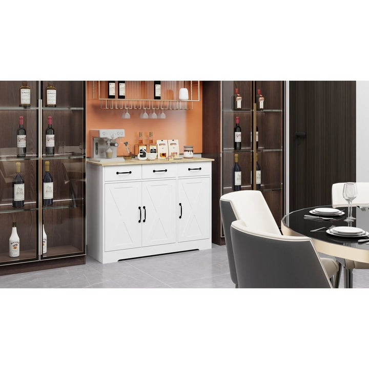 Farmhouse Buffet Cabinet Storage Sideboard with 3 Drawers and 3 Doors for Dining Living Room Kitchen Cupboard-White Image 3