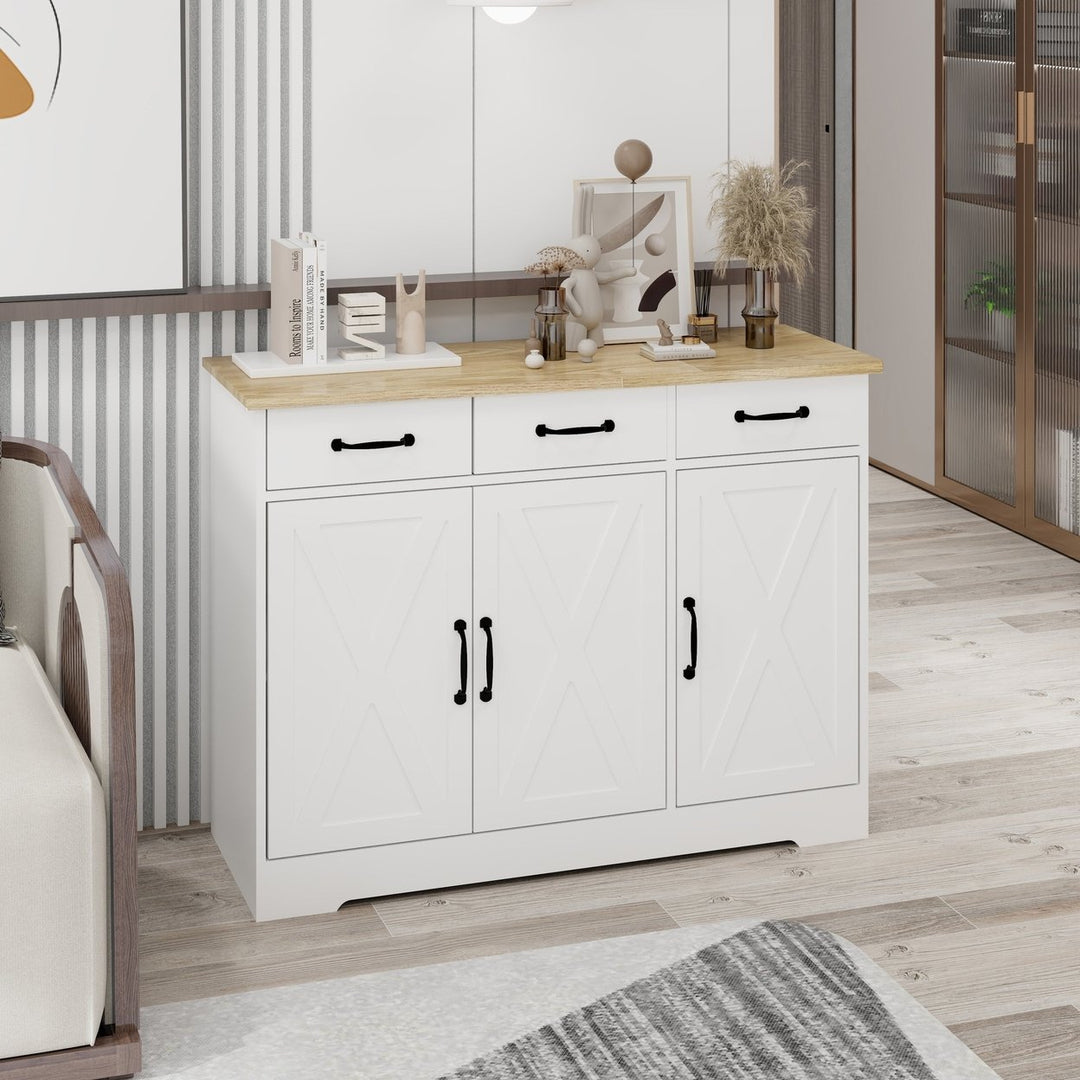 Farmhouse Buffet Cabinet Storage Sideboard with 3 Drawers and 3 Doors for Dining Living Room Kitchen Cupboard-White Image 5