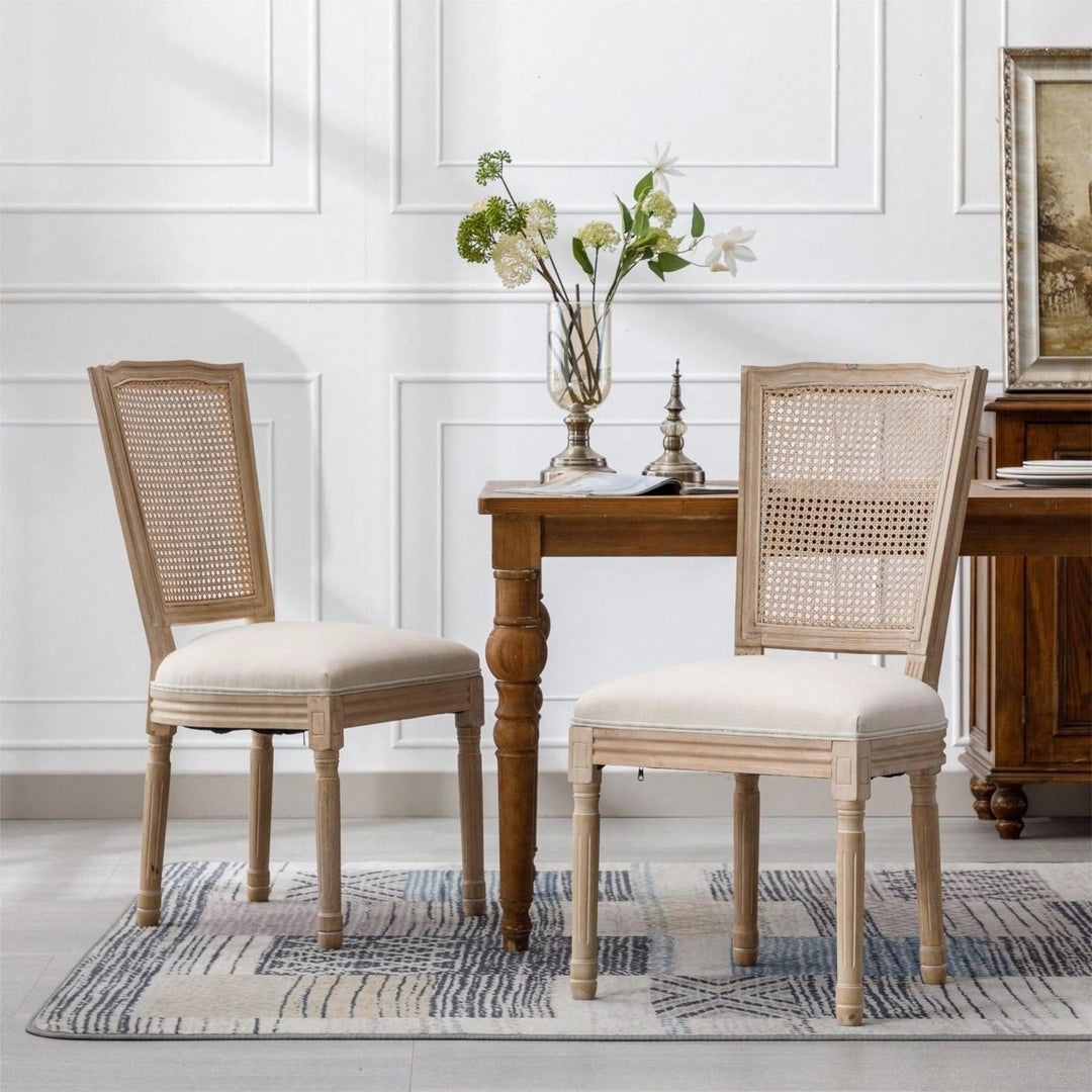 Farmhouse French Linen Dining Chairs with Rattan Back Set of 2 Comfortable Padded Seat Solid Wood Frame Easy Assembly Image 1