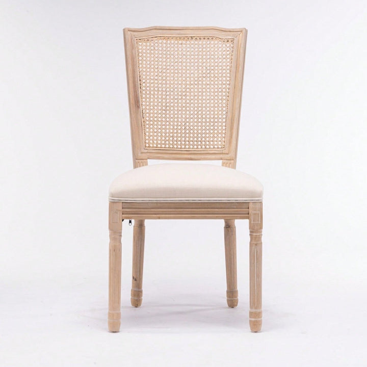 Farmhouse French Linen Dining Chairs with Rattan Back Set of 2 Comfortable Padded Seat Solid Wood Frame Easy Assembly Image 2