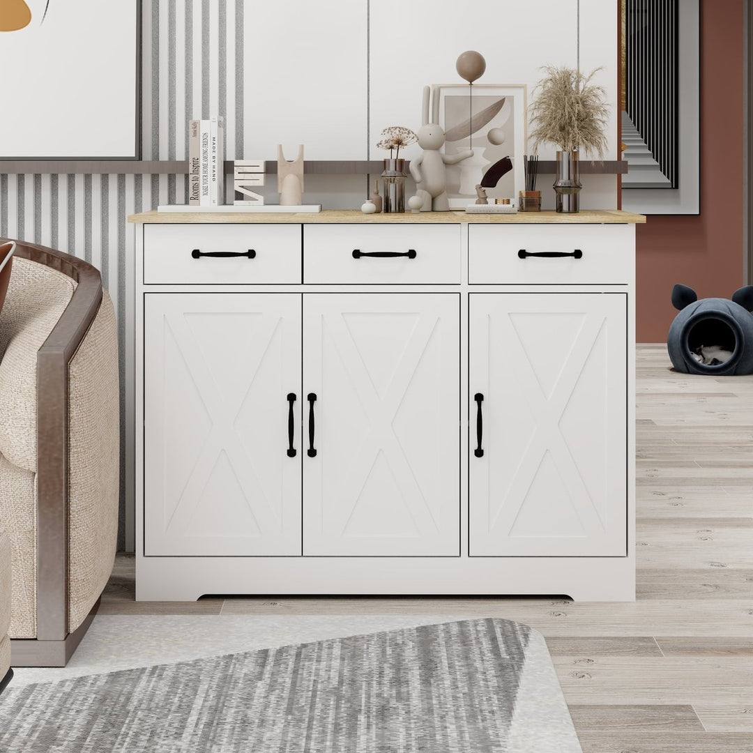 Farmhouse Buffet Cabinet Storage Sideboard with 3 Drawers and 3 Doors for Dining Living Room Kitchen Cupboard-White Image 6