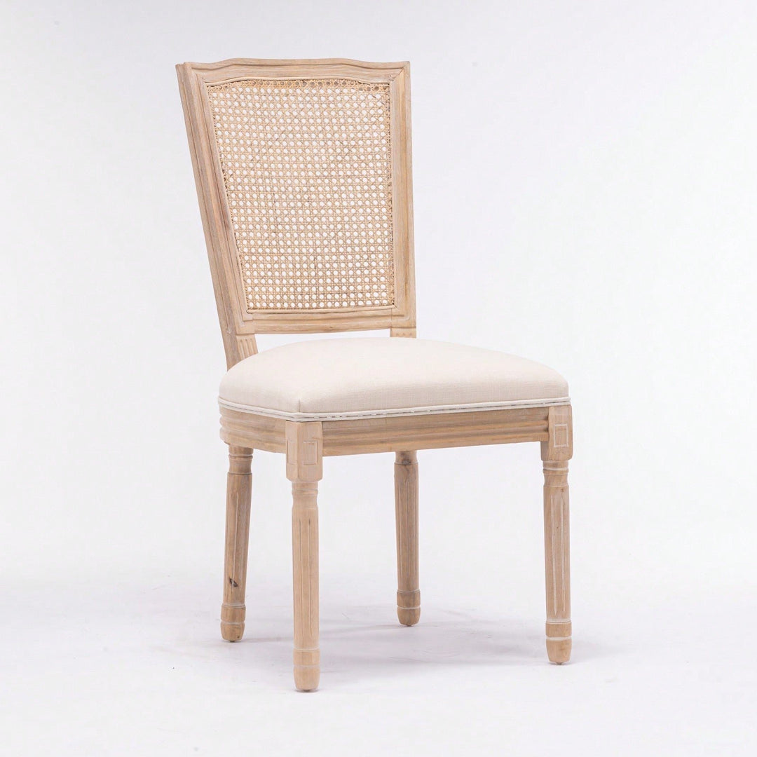 Farmhouse French Linen Dining Chairs with Rattan Back Set of 2 Comfortable Padded Seat Solid Wood Frame Easy Assembly Image 3