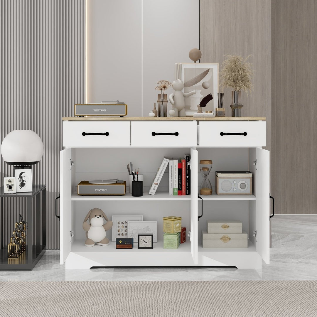 Farmhouse Buffet Cabinet Storage Sideboard with 3 Drawers and 3 Doors for Dining Living Room Kitchen Cupboard-White Image 8