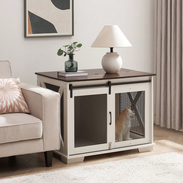 Farmhouse Style Dog Crate End Table with Sliding Barn Door and Flip-Top for Small Medium Large Dogs Image 1