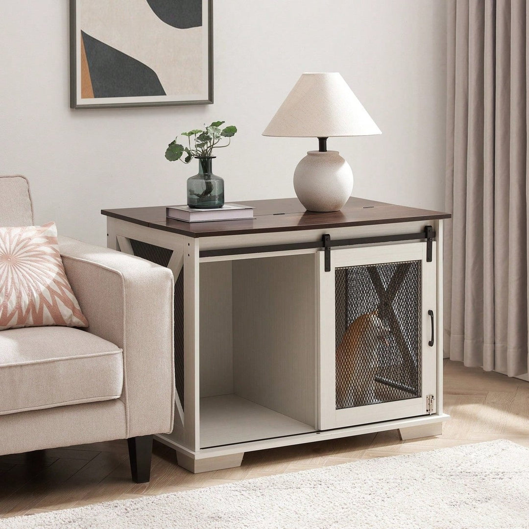 Farmhouse Style Dog Crate End Table with Sliding Barn Door and Flip-Top for Small Medium Large Dogs Image 2