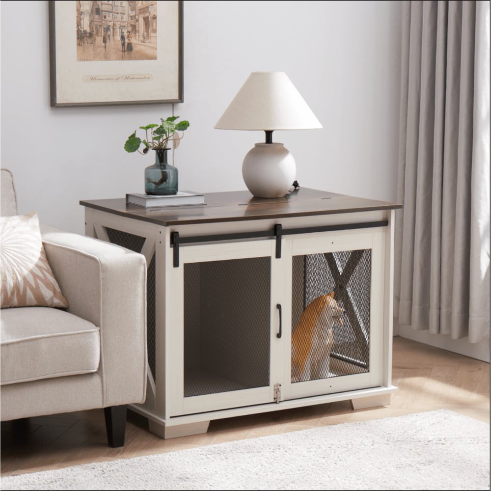 Farmhouse Style Dog Crate End Table with Sliding Barn Door and Flip-Top for Small Medium Large Dogs Image 3