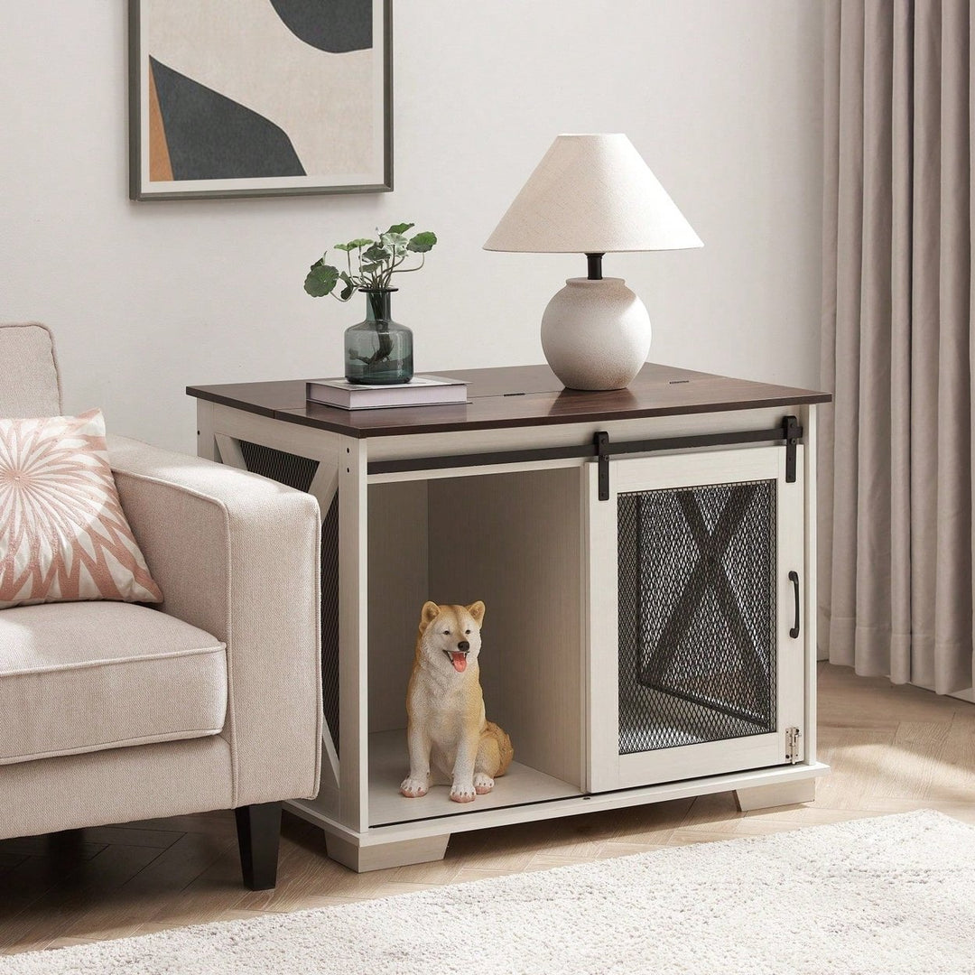 Farmhouse Style Dog Crate End Table with Sliding Barn Door and Flip-Top for Small Medium Large Dogs Image 4