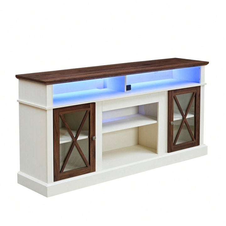 Farmhouse TV Stand with LED Lights Adjustable Shelves and Glass Door for 60-75 Inch TVs Image 1