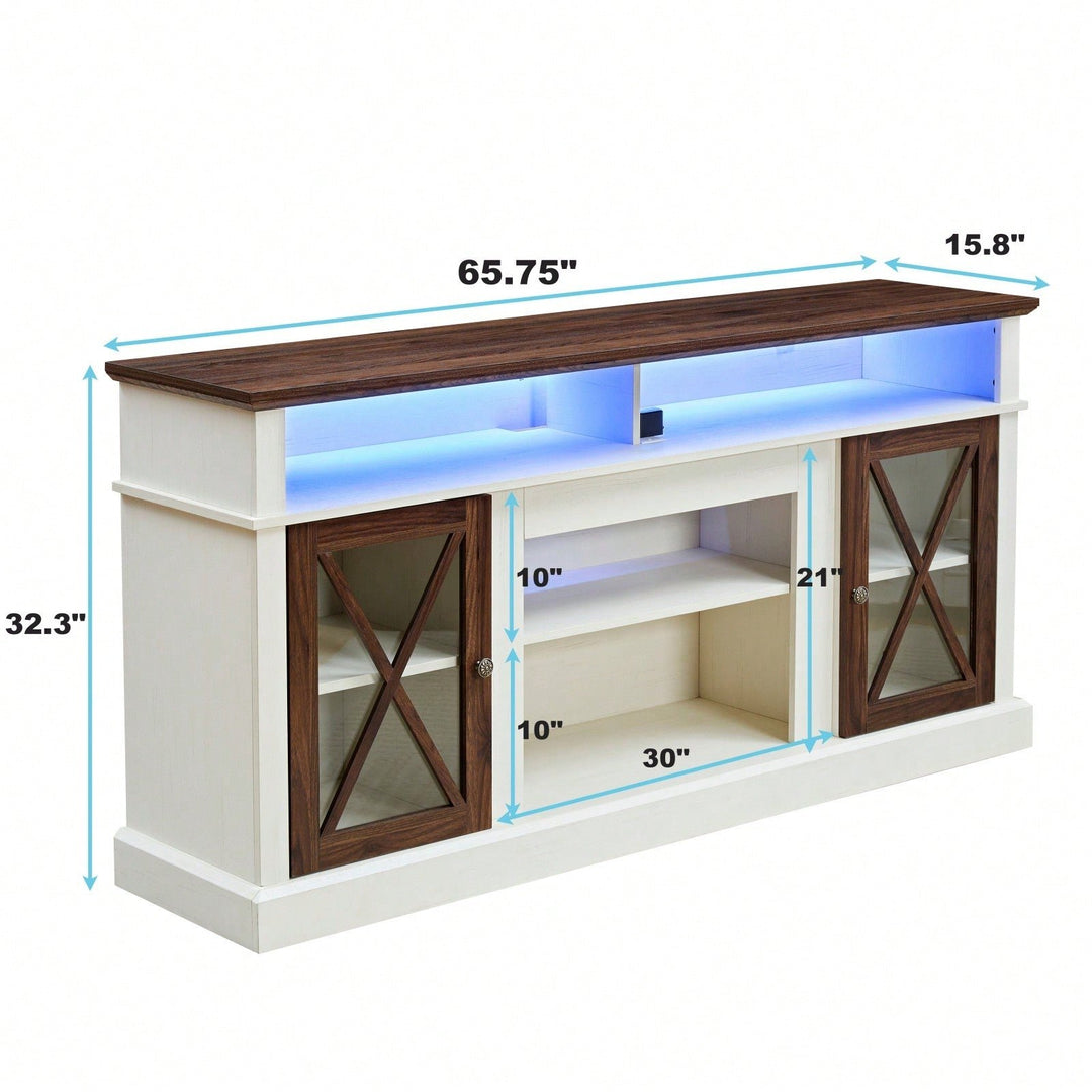 Farmhouse TV Stand with LED Lights Adjustable Shelves and Glass Door for 60-75 Inch TVs Image 5