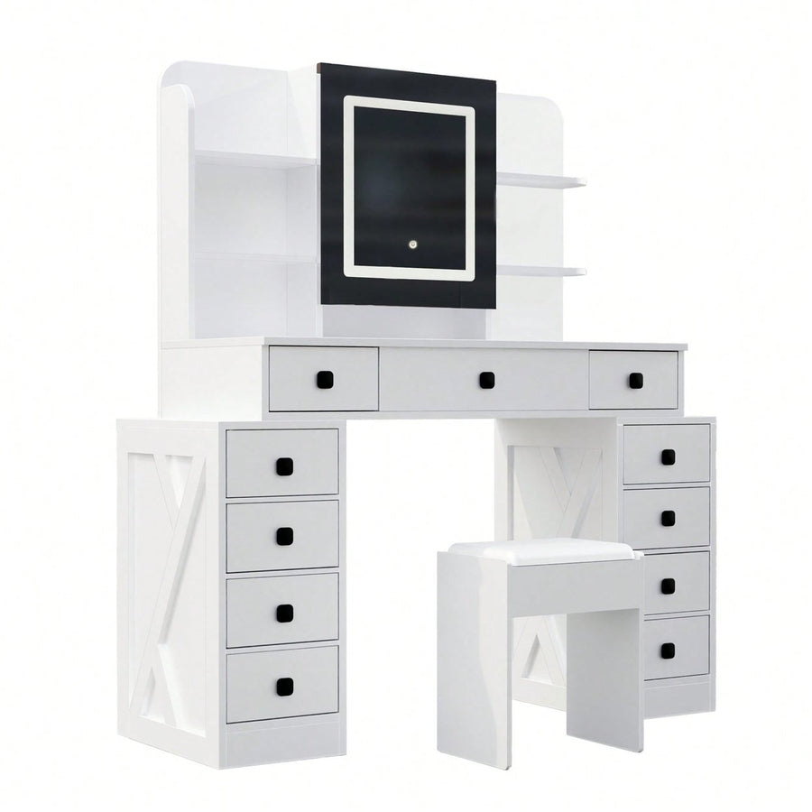 Farmhouse Vanity Desk with Sliding Mirror Dimmable LED Lights Charging Station and Soft Stool in White and Brown Image 1