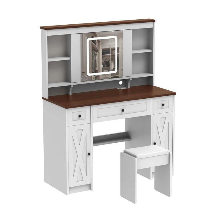 Farmhouse Vanity Desk with Sliding Mirror,Lights and Charging Station,Makeup Table Desk with Dimmable Image 1