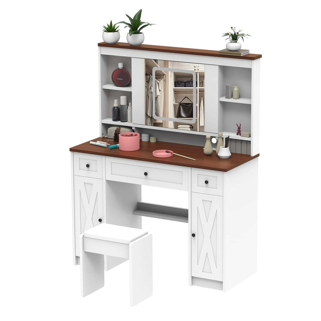 Farmhouse Vanity Desk with Sliding Mirror,Lights and Charging Station,Makeup Table Desk with Dimmable Image 2