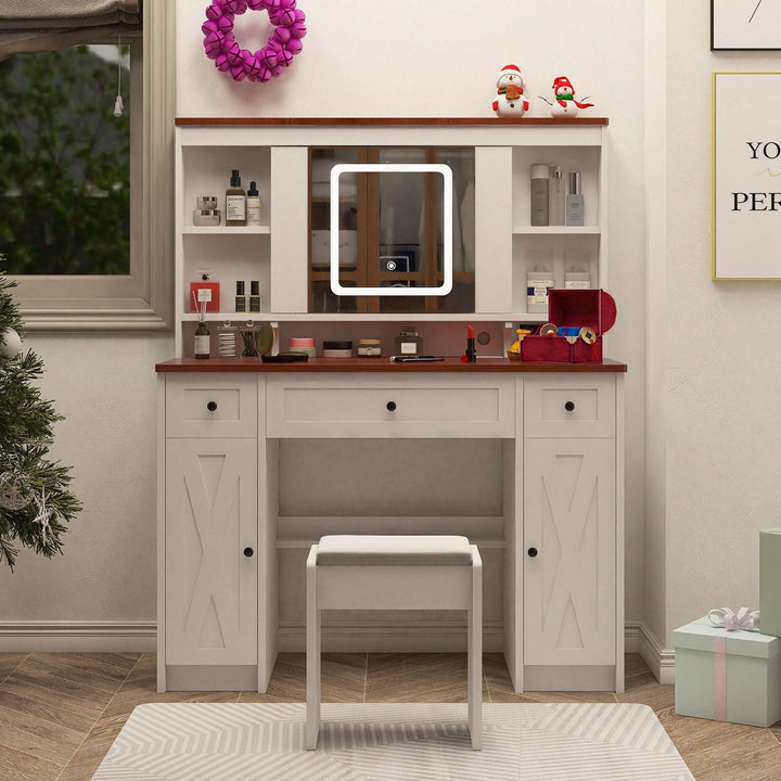 Farmhouse Vanity Desk with Sliding Mirror,Lights and Charging Station,Makeup Table Desk with Dimmable Image 3