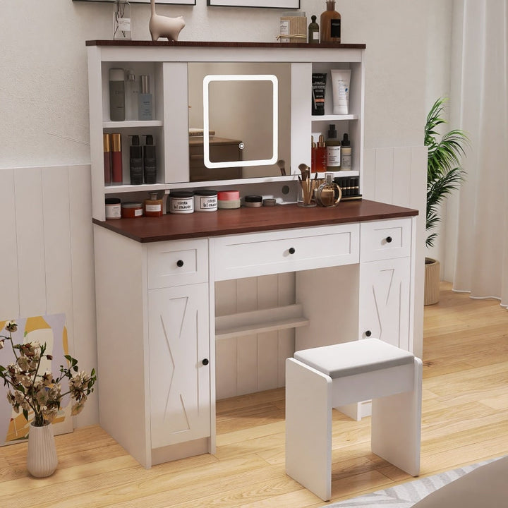 Farmhouse Vanity Desk with Sliding Mirror,Lights and Charging Station,Makeup Table Desk with Dimmable Image 4