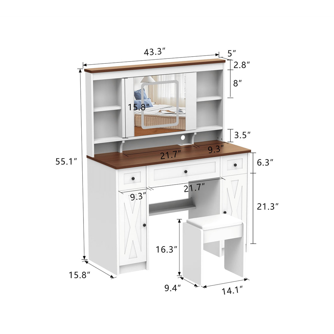 Farmhouse Vanity Desk with Sliding Mirror,Lights and Charging Station,Makeup Table Desk with Dimmable Image 5