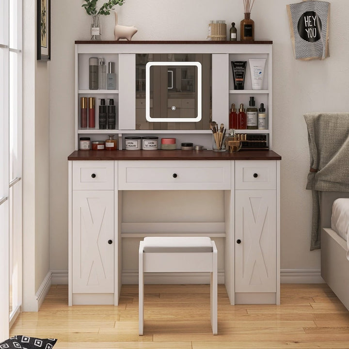 Farmhouse Vanity Desk with Sliding Mirror,Lights and Charging Station,Makeup Table Desk with Dimmable Image 6