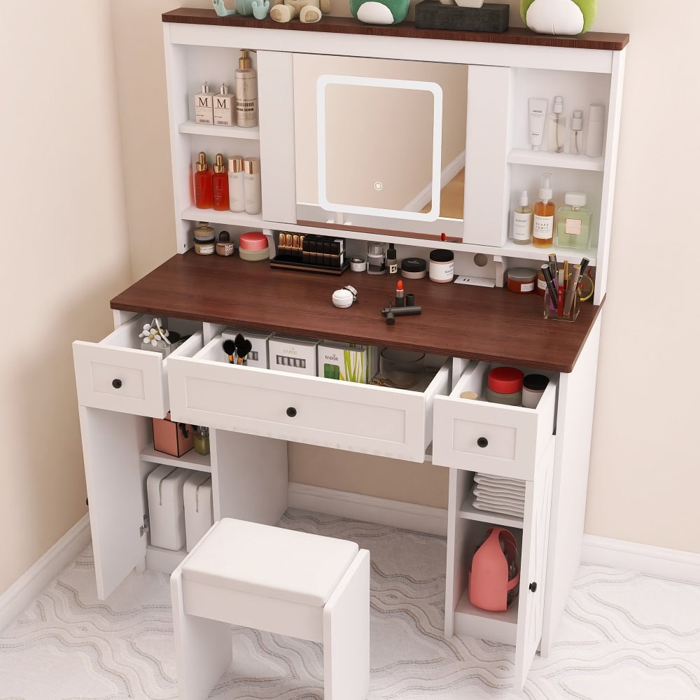 Farmhouse Vanity Desk with Sliding Mirror,Lights and Charging Station,Makeup Table Desk with Dimmable Image 7