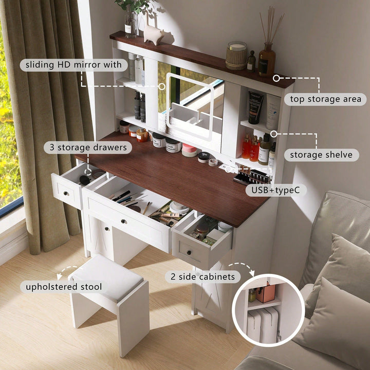 Farmhouse Vanity Desk with Sliding Mirror,Lights and Charging Station,Makeup Table Desk with Dimmable Image 8