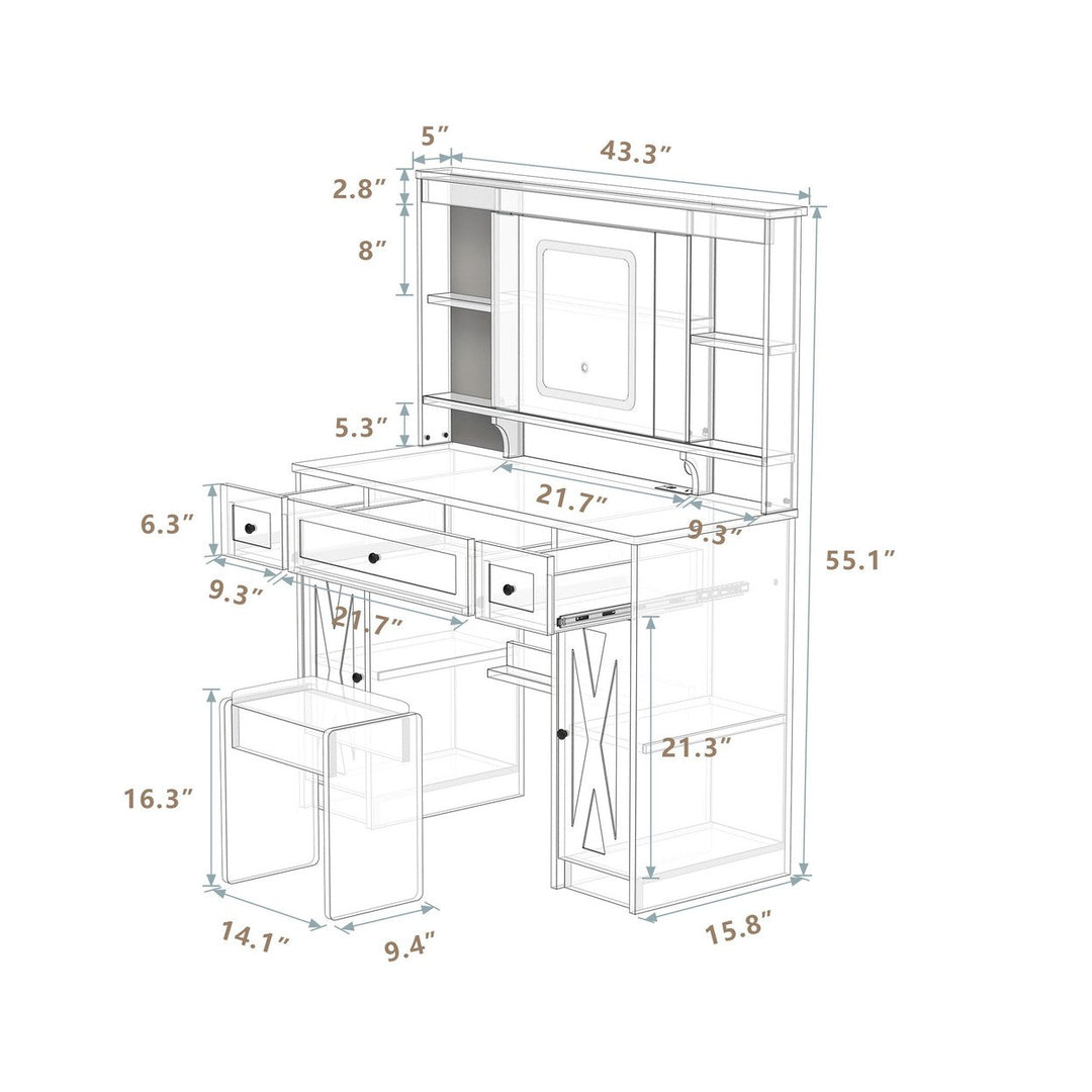 Farmhouse Vanity Desk with Sliding Mirror,Lights and Charging Station,Makeup Table Desk with Dimmable Image 11