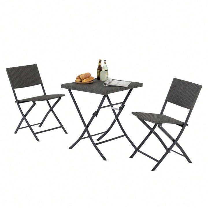 Foldable 3-Piece Rattan Bistro Set for Outdoor Patio Garden Balcony All-Weather Furniture Image 2