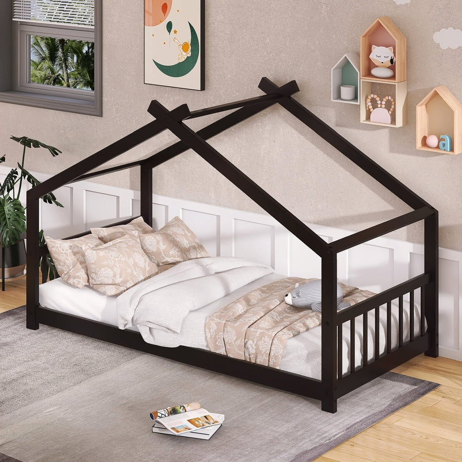 Espresso Twin Size House Bed - Sturdy Wood Frame with Playful Design for Kids Bedroom Image 1