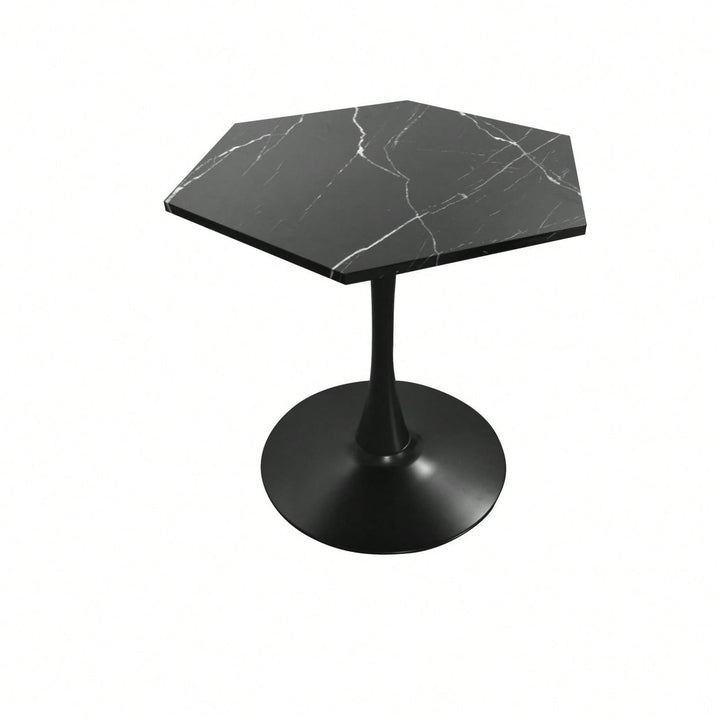 Hexagonal Coffee Table With Printed Marble Table Top,Metal Base, For Dining Room, Kitchen, Living Room Image 2