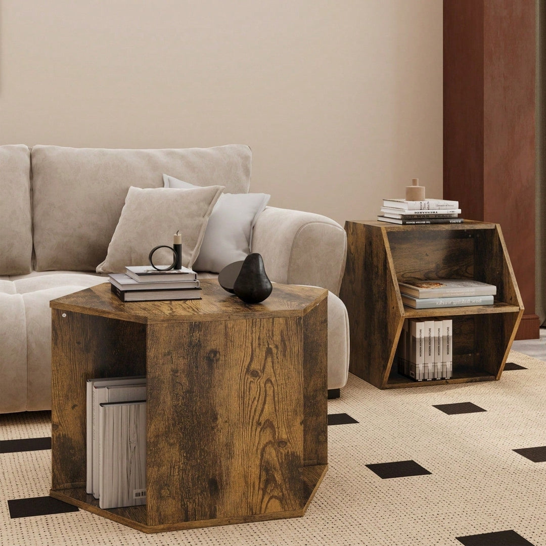 Hexagonal Coffee and Nightstand Table Set 2PCS Stylish MDF Furniture with Storage for Living Room and Bedroom Image 5