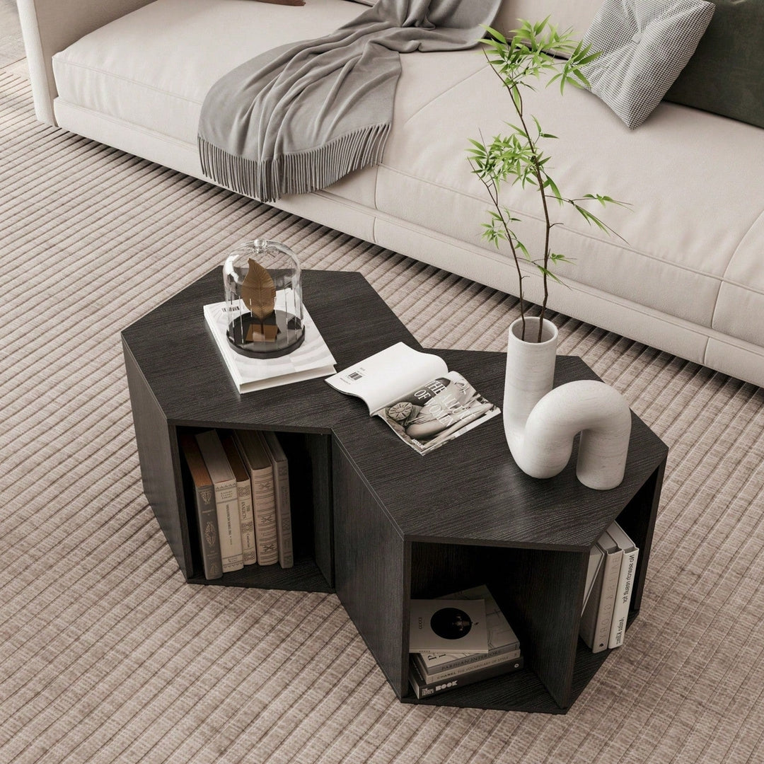 Hexagonal Coffee and Nightstand Table Set 2PCS Stylish MDF Furniture with Storage for Living Room and Bedroom Image 10